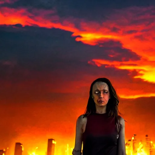 Prompt: rebel woman standing in front of a post apocalyptic city with burning red sky