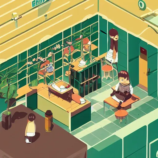 Prompt: cannabis cafe detailed cute characters, isometric fun style rendered, by ren hang