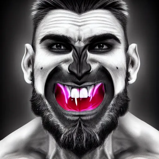 Image similar to x-ray scan of Beautiful face of very manly Gigachad with very big jaws, big eyebrows, smile like trollface, colorful face painting on grey scale face, powerful , magic, thunders, dramatic lighting, intricate, wild, highly detailed, digital painting, artstation, concept art, smooth, sharp focus, illustration, art by artgerm and greg rutkowski and alphonse mucha, footage from space camera