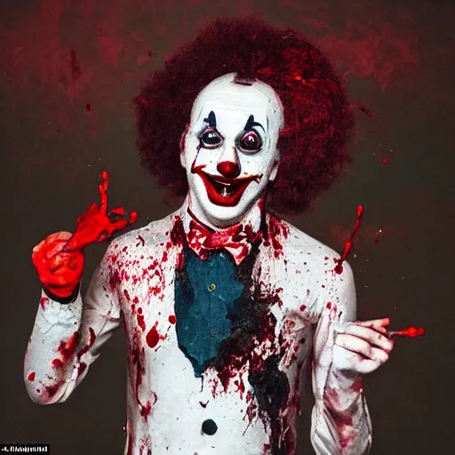 Image similar to full body heat to toe shot of an expressionless clown with blood splattered on him, muted tones, slightly out of focus, found footage, dutch angle