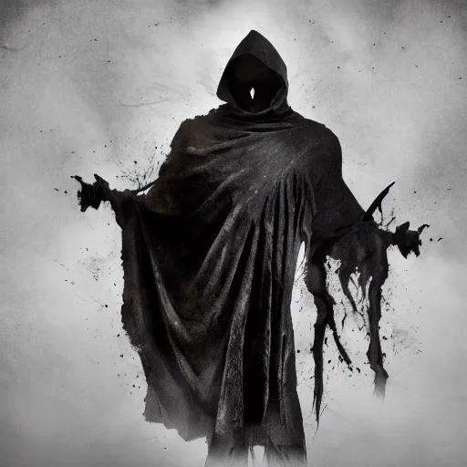 Image similar to dark figure with tattered cloak with skull instead of head on a mountain in gloomy fog, atmospheric lightning