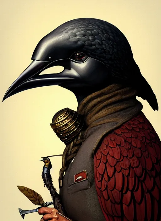 Prompt: rpg! profile! portrait of humanoid bird on white background, beak, feathers, enraged plague doctor, intricate, highly detailed, digital painting, artstation, concept art, smooth, sharp focus, illustration, art by norman rockwell emiliano ponzi andrey remnev yoann lossel aaron jasinski, 8 k