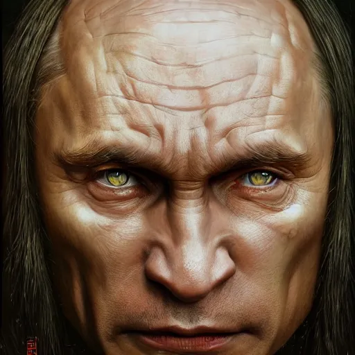 Image similar to vladimir putin, orc uruk - hai, macabre by donato giancola and greg rutkowski and wayne barlow and zdzisław beksinski, realistic face, digital art