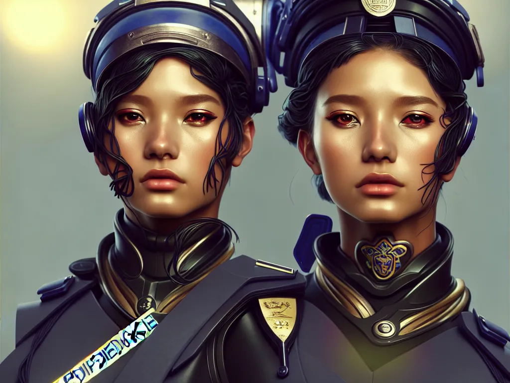 Prompt: portrait futuristic south africa police uniform female, at future neon light rooftop, ssci - fi and fantasy, intricate and very very beautiful and elegant, highly detailed, digital painting, artstation, concept art, smooth and sharp focus, illustration, art by tan zi and ayanamikodon and alphonse mucha and wlop