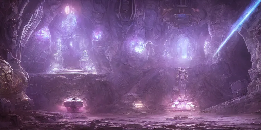 Prompt: a digital painting of a big robot made of white stone, purple crystal inlays, wow kyrian style, by jonas de ro and samwise didier, keeping the entrance of a sanctum, crystals enlight the scene, view is centered on the robot, cinematic lights, at dawn, unreal engine, attestation, deviantart
