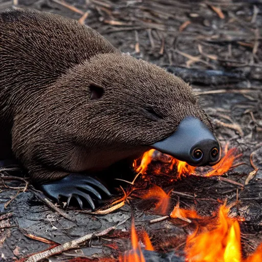 Prompt: a photo of crying platypus, whole burn burning in background