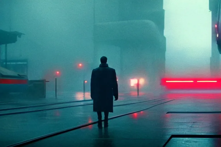 Image similar to film still of closeup drama in blade runner 2 0 4 9, train station, cinematic, moody, gritty neon noir by emmanuel lubezki