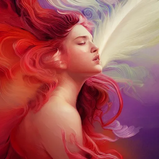 Prompt: a painting of a woman who made of curly and transparent feathers cloud with red edges is holding a sword, a digital painting by charlie bowater, made of curly and transparent feathers and cloud, metaphysical painting, speedpainting, digital painting, holographic undertones, highly saturated colors, 4 k, digital art, concept art, trending on artstation