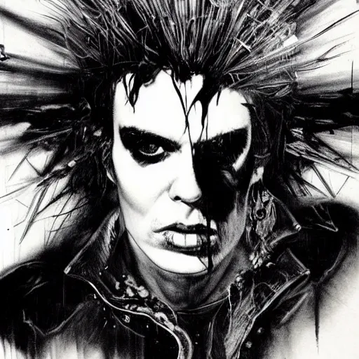 Image similar to stunning portrait of gaunt ( sid vicious ) a ( the cure fan ) as dream from sandman, dim stars as eyes, by jeremy mann, by cedric peyravernay, by by russ mills, by richard avedon and ben templesmith, dramatic lightning, sadness, dark eye sockets, in the shadows, punk rock, gothic, high detailed, 8 k