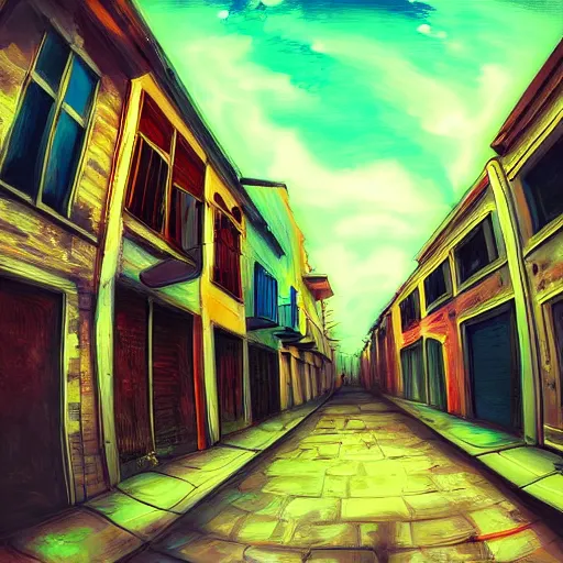 Prompt: alley among residental buildings, ghetto neiborhood, anime style painting, fish eye effect, wide angle