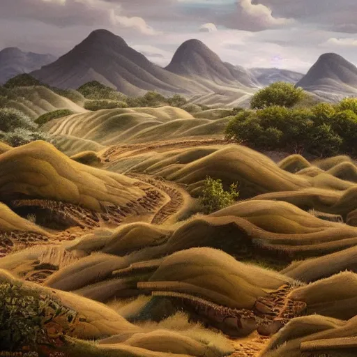 Prompt: a landscape painting of hills covered in robotic ants, painting, highly detailed