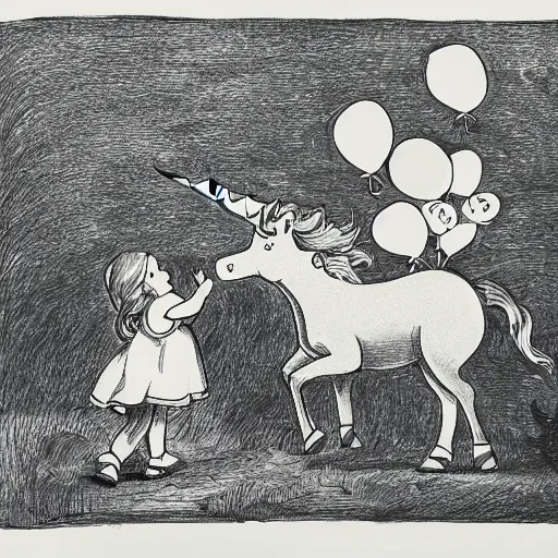 Image similar to a child with balloons getting attacked by a unicorn, black ink on paper