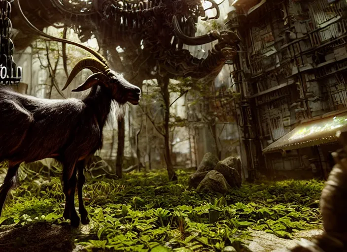 Image similar to intricate goat from overlord anime, on the background of a weird magical mechanical forest. Very detailed 8k. Fantasy cyberpunk horror. Sharp. Cinematic post-processing. Unreal engine. Nanite rendering. Ray tracing