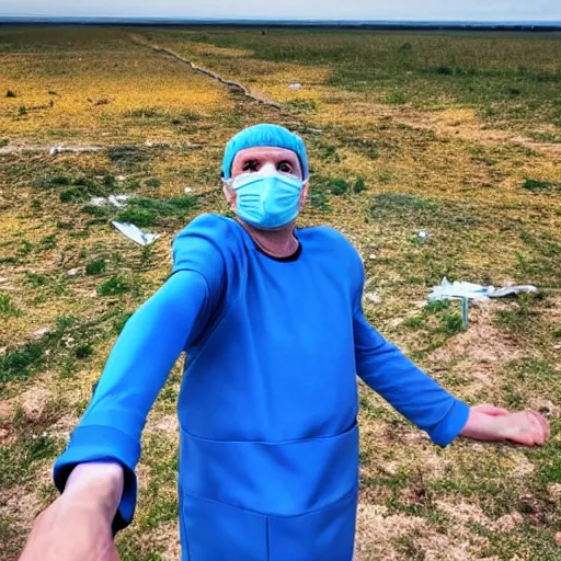 Image similar to 2 0 2 2 last selfie of last alive of frightened funny ukrainian in yellow and blue clothes, trying to escape, badly injured from radiation to bones from a huge nuclear explosion at background, dead bodies everywhere