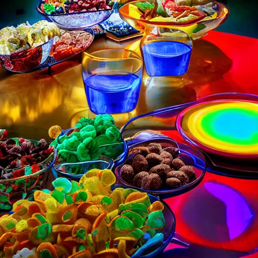 Prompt: colored glass, junk food with sun rays