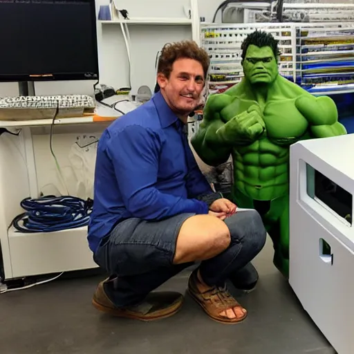 Image similar to the hulk tinkering with his new 3d printer