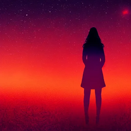 Image similar to A sad spiritual witch standing on mars looking at camera, distant background, red lighting, ominous, moonlight, bokeh, synthwave, psychedelic, glitch, acrylic, flooko, detailed,