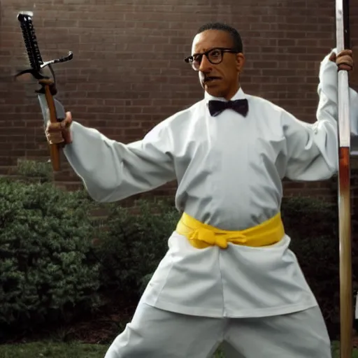 Image similar to Gus Fring wearing his Los Pollos Hermanos uniform wielding a katana in a battle stance dramatic photograph