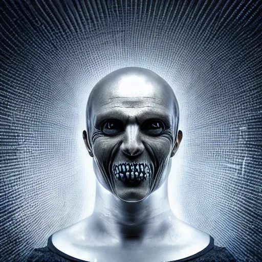 Image similar to photograph of man with HR Giger head, 8k resolution, high detail, ULTRA REALISTIC VFX, reflections, post processing