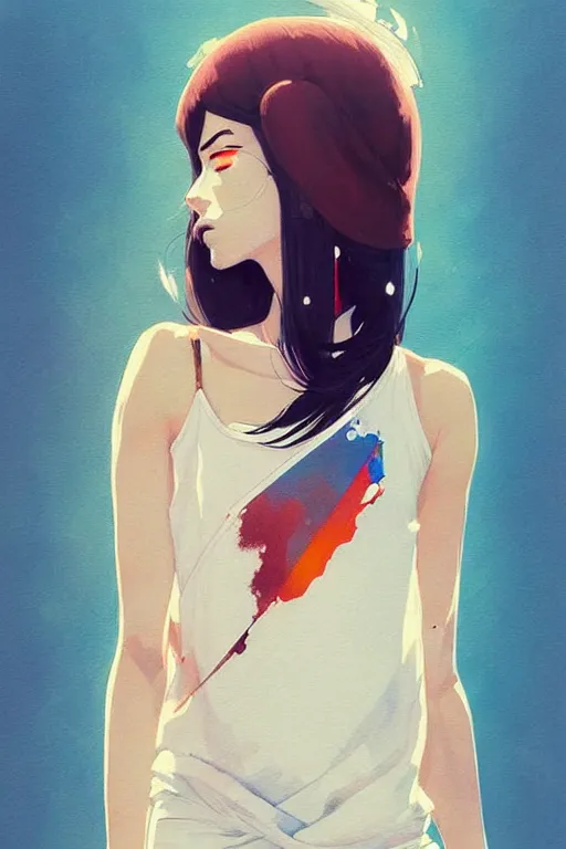 Image similar to a ultradetailed beautiful painting of a stylish woman with a white tank top, by conrad roset, greg rutkowski and makoto shinkai trending on artstation