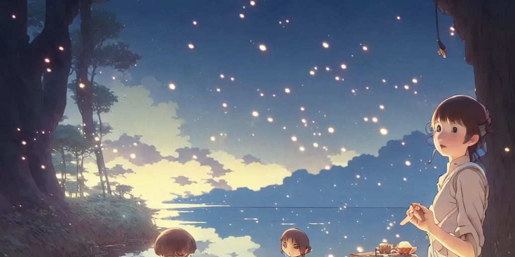 Prompt: the girl and the flying lanters. anime visual of a cozy village, by the lake at night, fireflies,. by hayao miyazaki and rossdraws and artgerm and greg rutkowski and alphonse mucha. anime production by studio ghibli. high quality, stunning, intricate detailed environment. 8 k