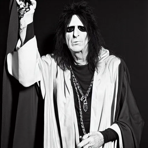 Prompt: alice cooper wearing a dark hooded robe