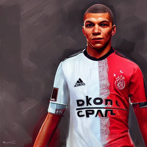 Prompt: portrait of mbappe wearing a ajax jersey, artwork by charlie bowater