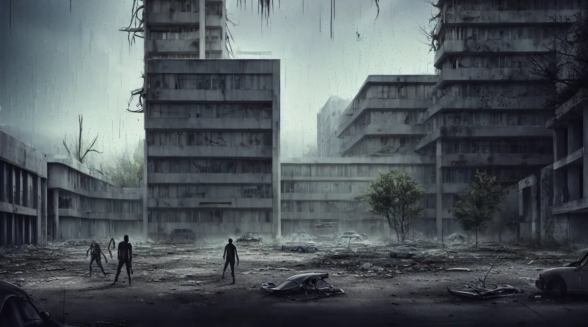 Image similar to big grey aliens walking outsife a post apocalyptic hospital building, morning, building, avenue, modern contemporary urban americana concrete architecture, by pascal blanche, neil blevins, apocalyptic color palette, trending on artstation, photorealistic, wilderness ambiance, ultra detailed, high definition, depth of field, bokeh, rubble, wild vegetation, blood stains, building crumbling