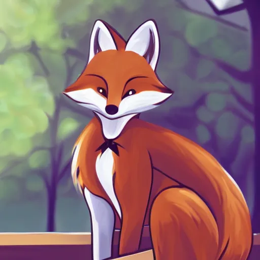Image similar to furry artwork of female fox sitting on a park bench enjoying a coffee, sunny day, furry art, furry, furaffinity, deviantart furry, anthro,