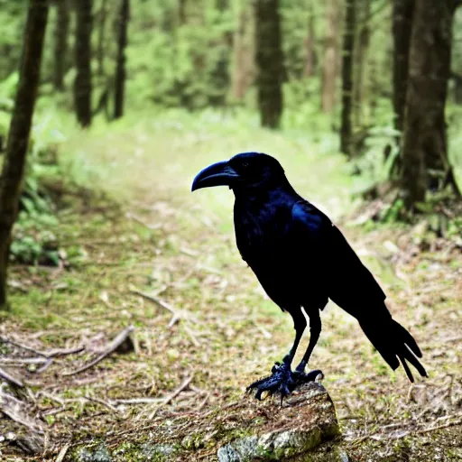 Image similar to crossbreed between a human male and crow, photograph captured in a forest