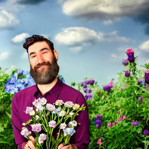 Image similar to a portrait of a man with flowers in the beard, roses peonies forget-me-nots dahlias lupins gladioli, sky theme in background, 35mm Photograph, 4K Resolution, Astrophotography, Digital Art, Trending on artstation