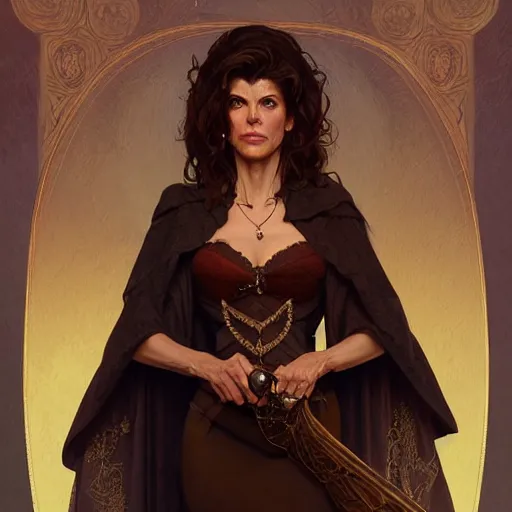 Image similar to Marisa Tomei as Madame Webb, western, D&D, fantasy, intricate, elegant, highly detailed, digital painting, artstation, concept art, matte, sharp focus, illustration, art by Artgerm and Greg Rutkowski and Alphonse Mucha