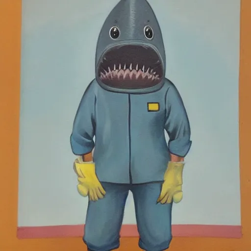 Prompt: Shark in a janitor outfit painting