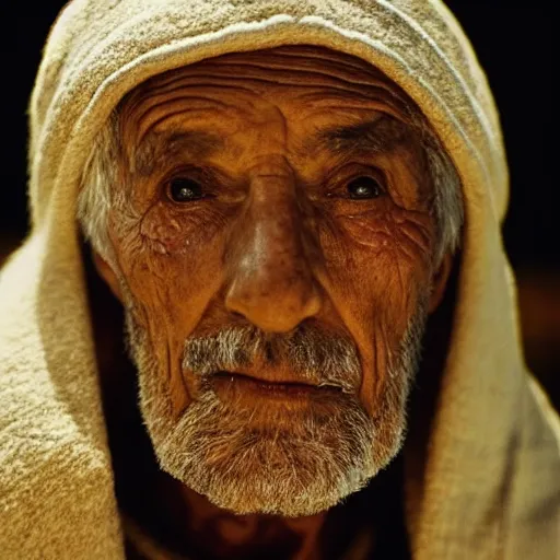 Image similar to film still of 80 year old Mediterranean skinned man in ancient Canaanite looking up at the nighttime sky, Biblical epic directed by Wes Anderson