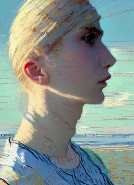 Prompt: portrait of a beautiful girl, sea dunes backdrop, sad, pastel shades of light blue and light yellow, beautiful face, rule of thirds, intricate outfit, spotlight, by greg rutkowski, by jeremy mann, by francoise nielly, by van gogh, by rineke dijkstra, digital painting