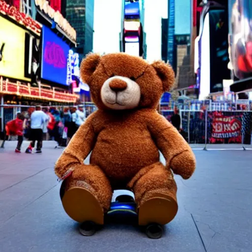 Prompt: a teddy bear skating on a skateboard in times square