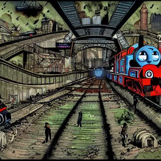 Image similar to thomas the tank engine in biopunk style