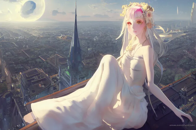 Prompt: extremely beautiful and aesthetic white dress girl sitting on top of the city tower, many mix of lunarpunk and clockpunk mechs, moon night, ultra detailed symmetrical face and ultra detailed eyes, intricate 8 k, high quality, chiaroscuro, sharp focus, trending artstation, unreal engine, by makoto shinkai and ferdinand knab and jeremy lipking