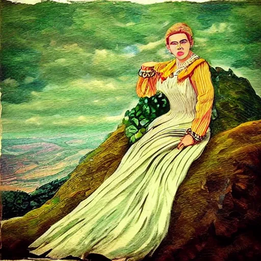 Prompt: “painted cliff side overlooking hills, woman in Victorian clothing with blond hair painted artistic, green and vibrant ”