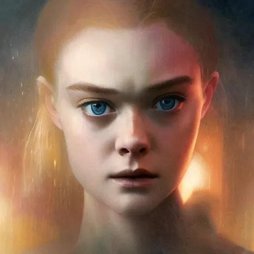 Prompt: ultra realistic head and shoulders masterpiece of elle fanning in blade runner 2 0 4 9, art by frank frazetta, 4 k, ultra realistic, highly detailed, epic lighting