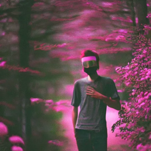 Image similar to close up kodak portra 4 0 0 photograph of a skinny guy standing in dark forest, face covered in flowers, moody lighting, telephoto, 9 0 s vibe, blurry background, vaporwave colors, faded!,