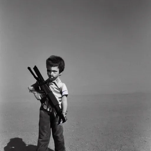 Image similar to a portrait of a young boy carrying a AK-47 rifle by Ansel Adams