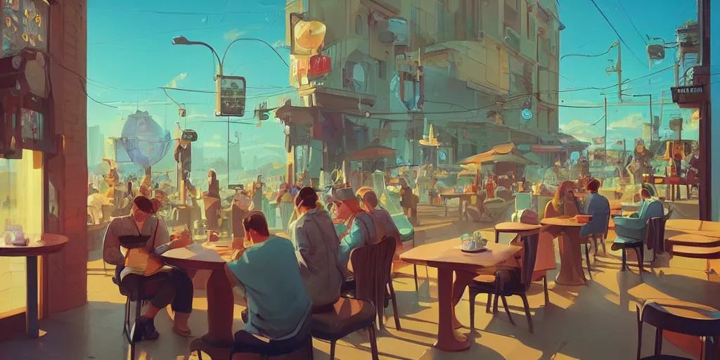 Prompt: a wizard sips his coffee and draws stares from onlookers at a busy coffee shop, wide angle, digital art by beeple and RHADS, award winning, artstation, unreal render,