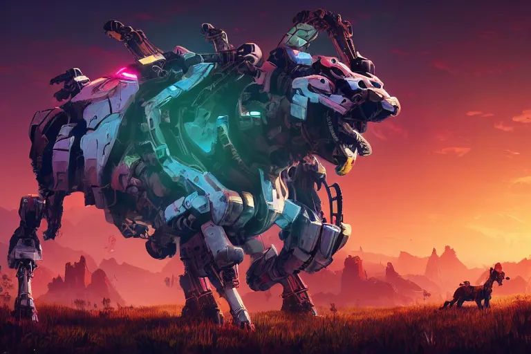 Image similar to grazer machine mecanical creature robot of horizon forbidden west horizon zero dawn radiating a glowing aura global illumination ray tracing hdr fanart arstation by ian pesty and alena aenami artworks in 4 k