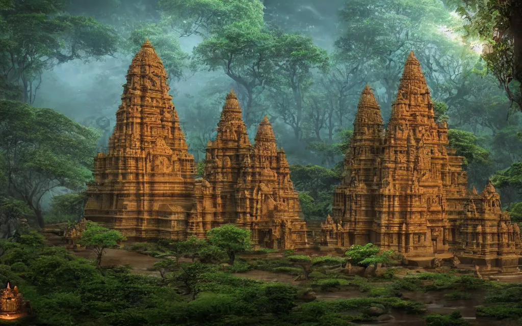 Image similar to High Fantasy solitary Hindu temple typical of the Chola period Dravidian style, made in sandstone carvings, lush green forest on a plain near a river, colorful sculptural motifs Intricate, detailed , artistic , volumetric lights warm. Joyful matte painting by Darek Zabrocki and Emmanuel Shiu, 4k ultra detailed, great composition cinematic.