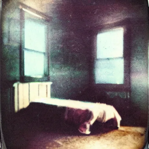 Prompt: coloured atmospheric polaroid photo of a with transparent corpse dead body floating in old living room interior