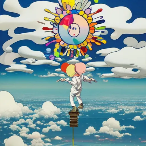 Image similar to a man walking on clouds above kyoto by takashi murakami, beeple and james jean, aya takano color style, 4 k, super detailed