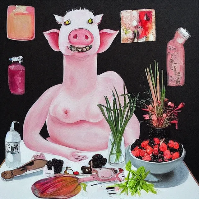 Image similar to “ a portrait in a female art student ’ s apartment, sensual, a pig theme, art supplies, paint tubes, ikebana, herbs, a candle dripping white wax, black walls, squashed berries, berry juice drips, acrylic and spray paint and oilstick on canvas, surrealism, neoexpressionism ”