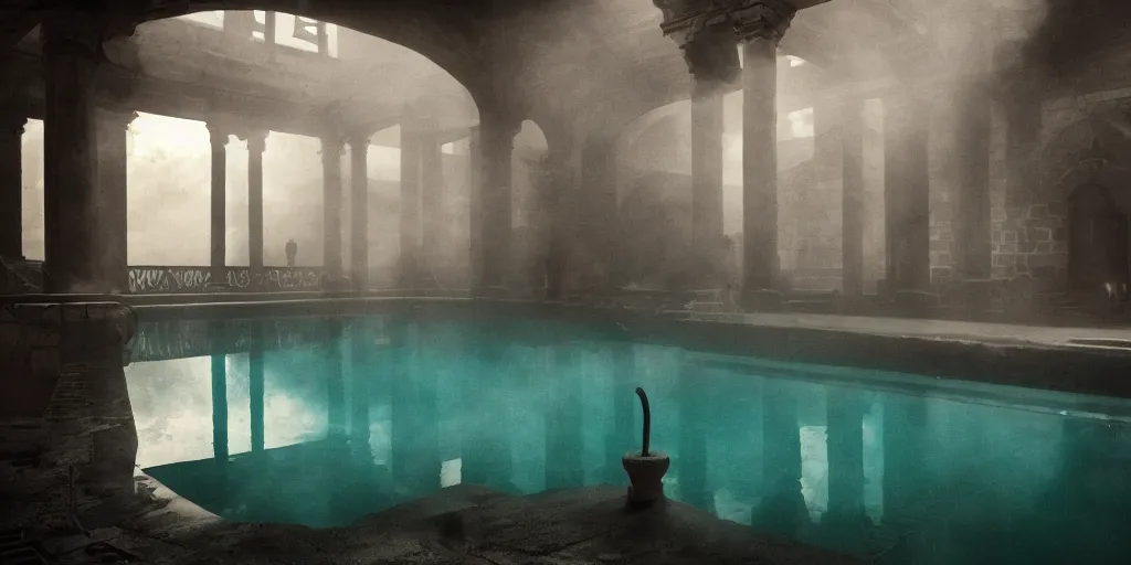 Prompt: roman pool, cinematic, atmospheric, smoke, dramatic lighting, dark, underexposed