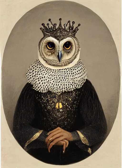 Image similar to close-up portrait of anthropomorphic owl Prince, man with a head of barn owl, glowing eyes, in a crown, wearing long royal robe, lilac, silver, black, bokeh, blurred space, stars, dreamy, romantic, painting in the museum, highly detailed, sharp focus, digital painting, artwork, by John James Audubon by Victor Adame Minguez by Yuumei by Tom Lovell by Sandro Botticelli